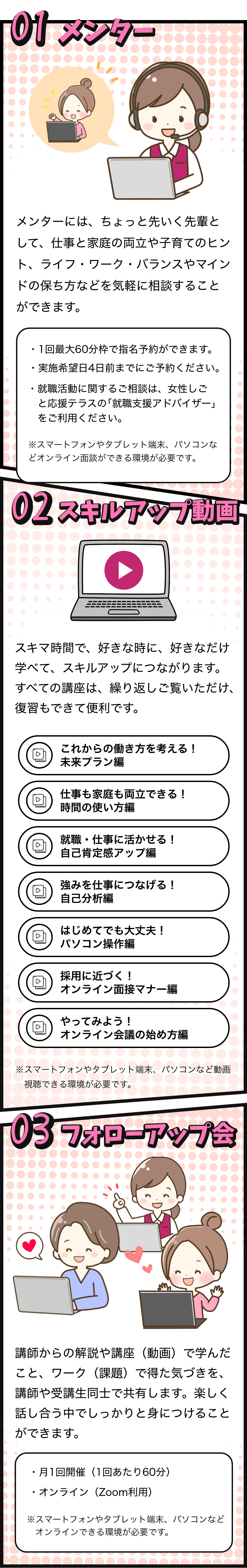 わたしらしく働く！オンライン就活講座 詳細内容説明｜01メンター／02スキルアップ動画／03フォローアップ会